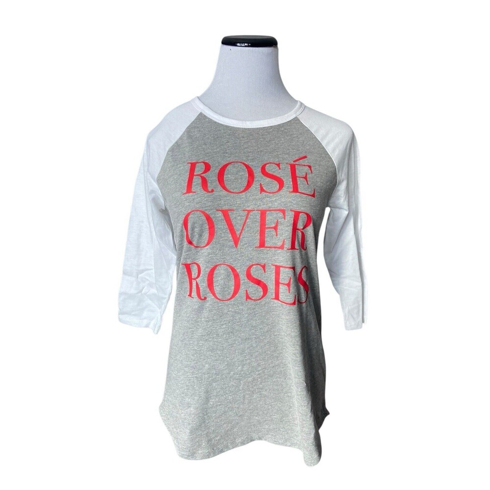 Modern Lux Womens Valentines Day Shirt Size L Gray Raglan Sleeve Rosé Over Roses